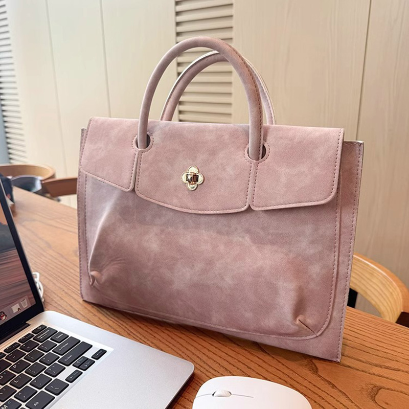 Women Bags For Office Use - エレガントなピンクのPUレザーラップトップトートバッグ、花柄のターンロック付きトップハンドルワークハンドバッグ、女性用オフィスや日常使いに