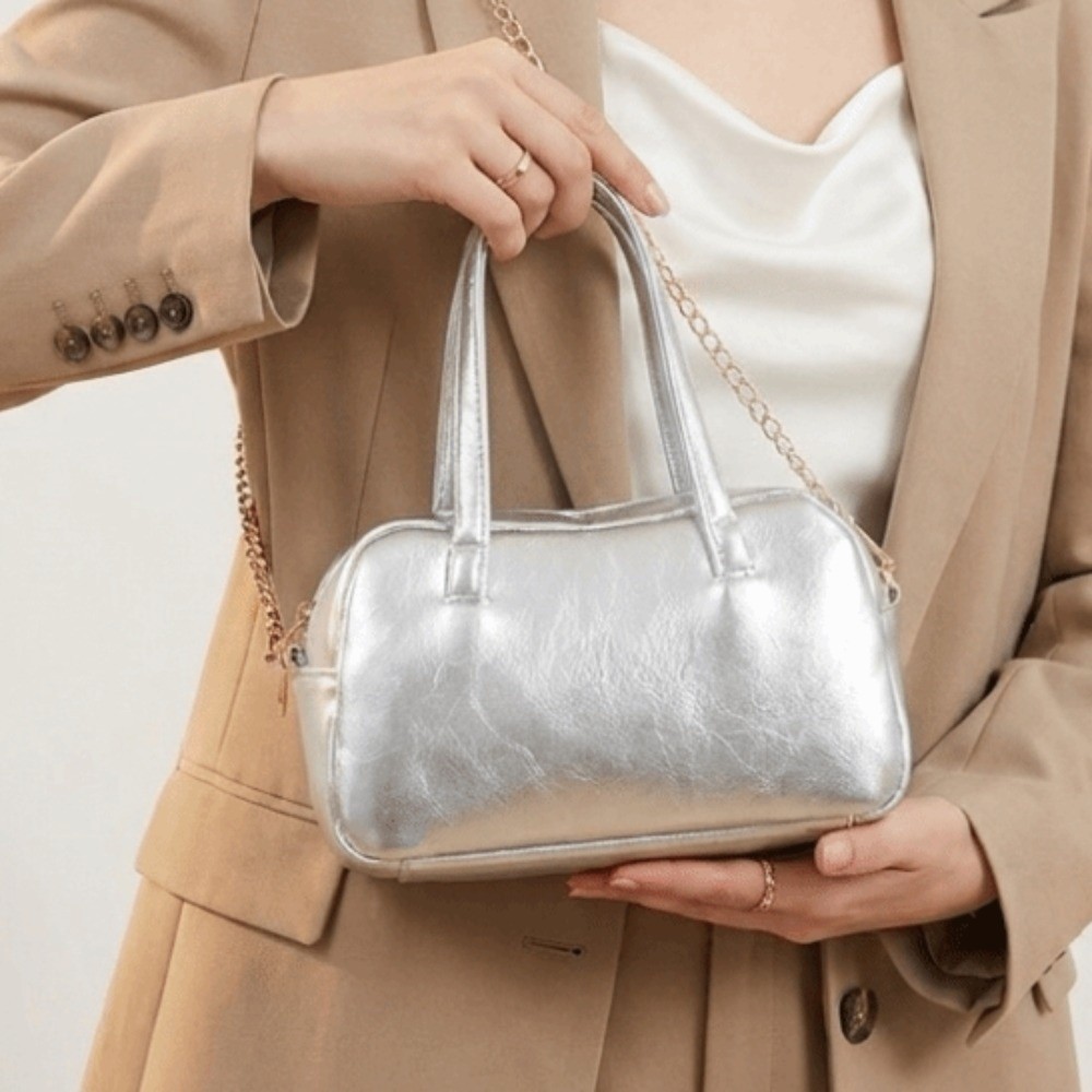 Women Bags For Office Use - メタリックフェイクレザーボストンバッグダブルトップハンドルミニサイズショルダーバッグ取り外し可能なチェーンストラップソリッドカラーハンドバッグオフィス用