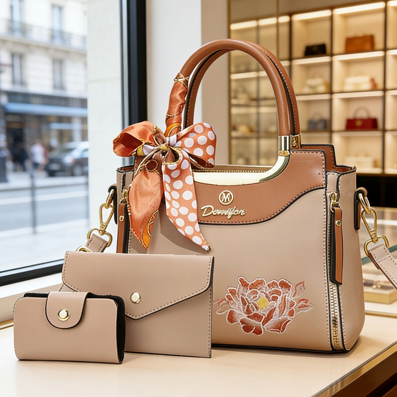 Women Bags For Office Use - 高品質な刺繍入りハンドバッグ3点セット、普段使いやオフィス用に最適、スタイリッシュで多用途なカラーブロックハンドバッグ