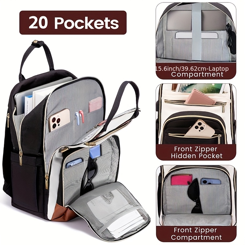 Women Bags For Women - 女性用ツートンカラーのノートパソコン用バックパック、防水仕様の可愛いビジネス旅行バッグ、ゴールドのジッパー付き、15.6インチのノートパソコンに適合
