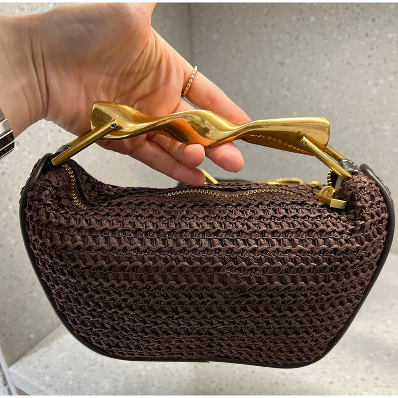 Women Bags High End Brands - ゴールドハンドルブランド手織りハンドバッグ絶妙なハイエンドレザーリボンデザイン財布ブラウンジッパーカジュアルファッション高級ショルダーバッグ