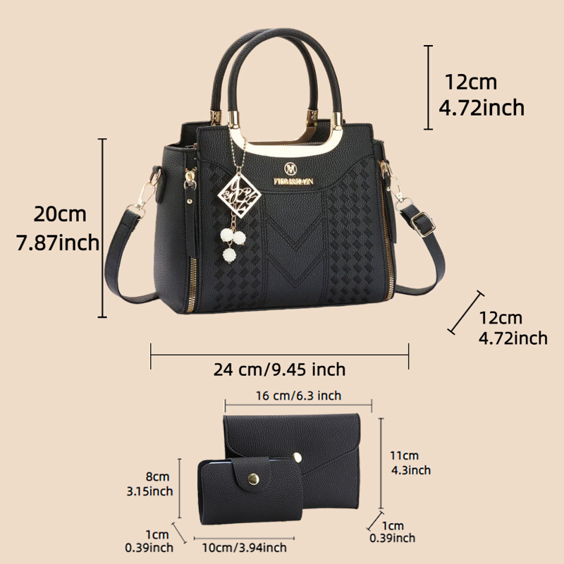 ライチ柄PUレザー製の3ピースハンドバッグセット。 この無地 - Women'S Bags Everyday のレビューと価格