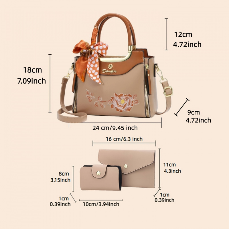 高品質な刺繍入りハンドバッグ3点セット、普段使いやオフィス用 - Women Bags For Office Use のレビューと価格